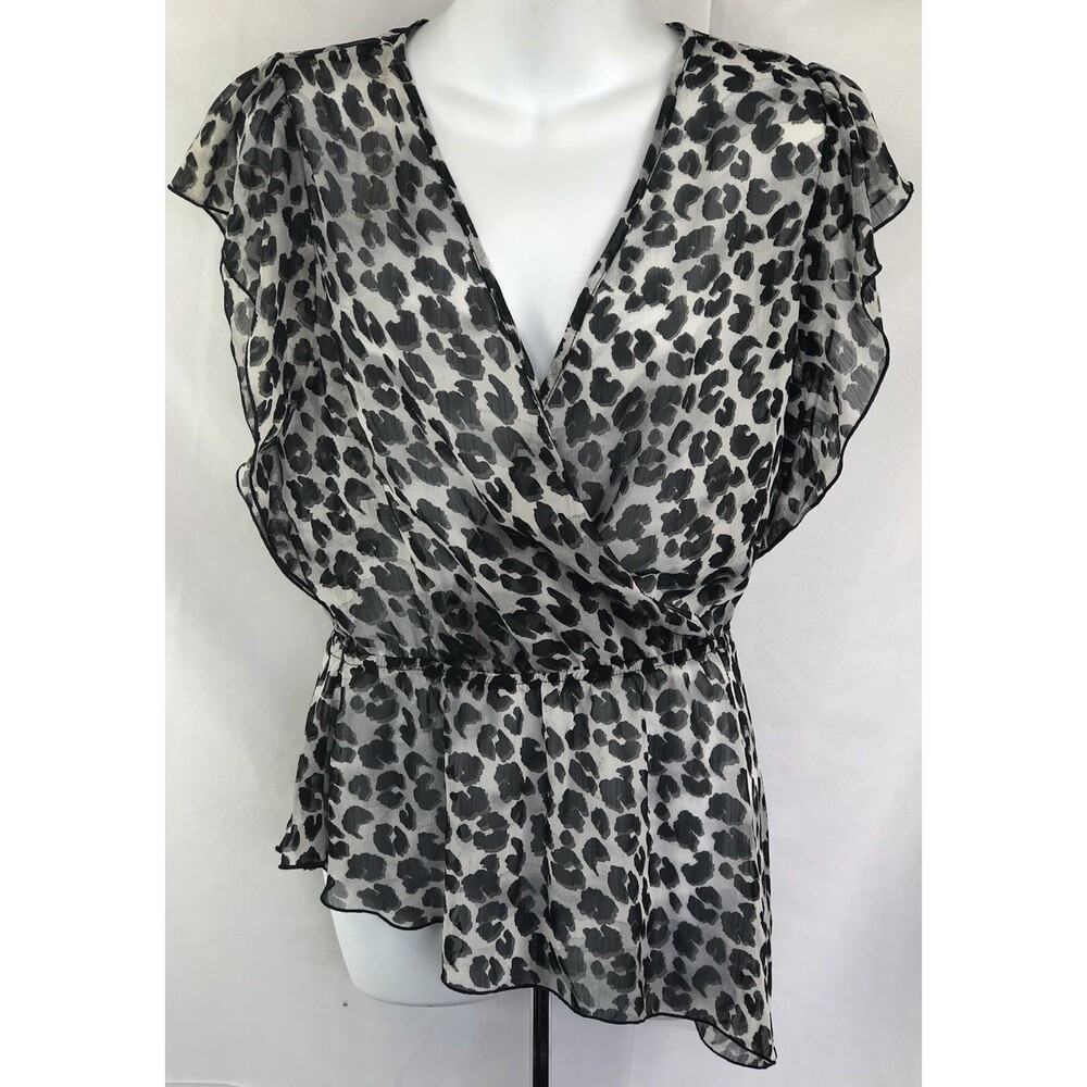 Vintage Flowy chiffon top L Blk/gray Leopard Mock Wrap Hi Lo Y2K 90s Fairy Glam